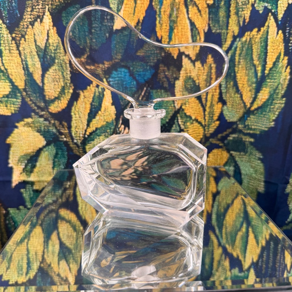 Vintage Clear Faceted Glass Perfume Bottle with Large Heart Shaped Stopper 6in